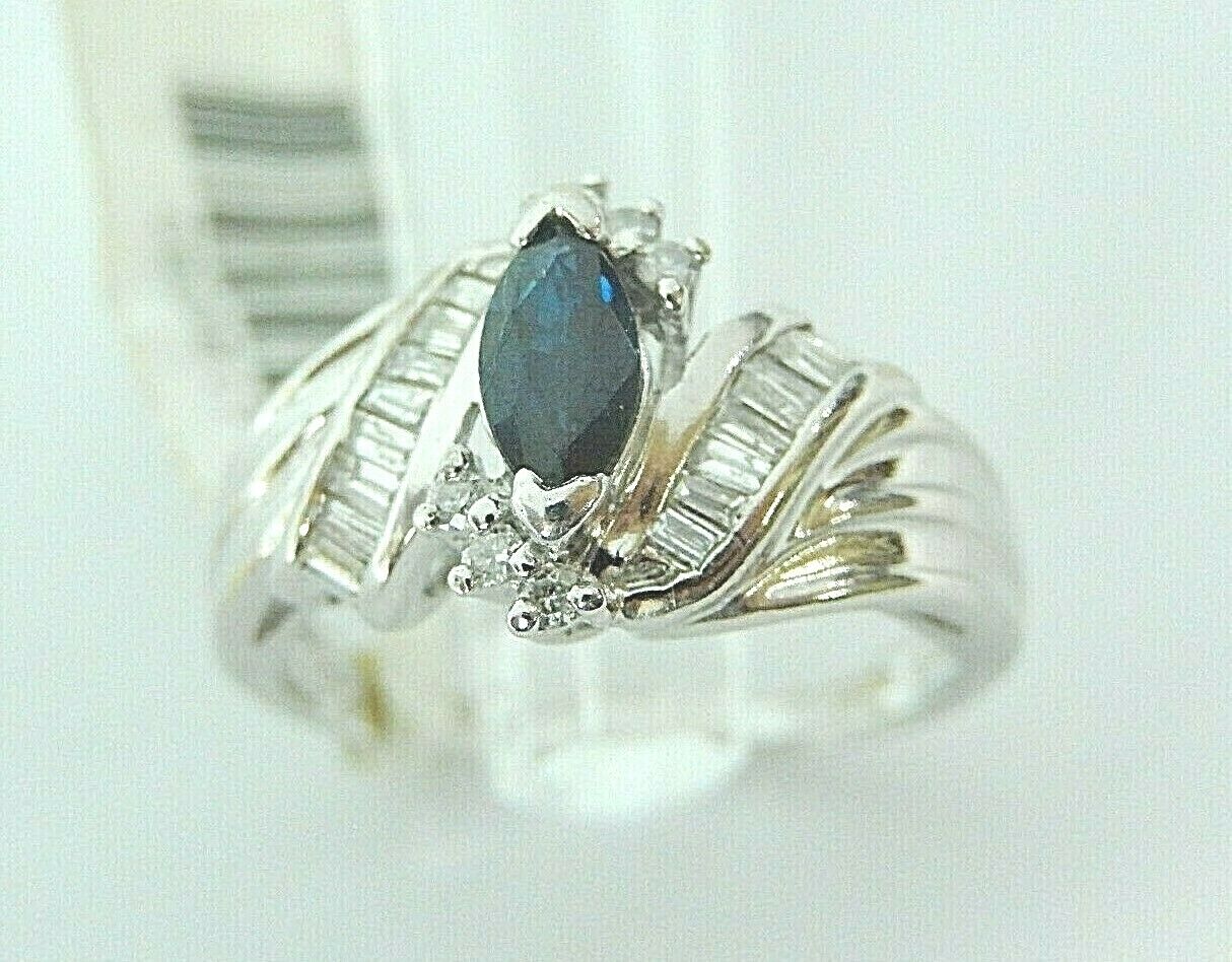Ladies 14K White Gold Blue SAPPHIRE & Natural DIAMOND Ring Size 7