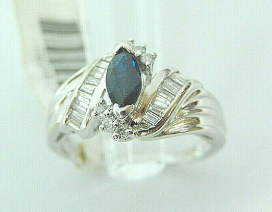 Ladies 14K White Gold Blue SAPPHIRE & Natural DIAMOND Ring Size 7