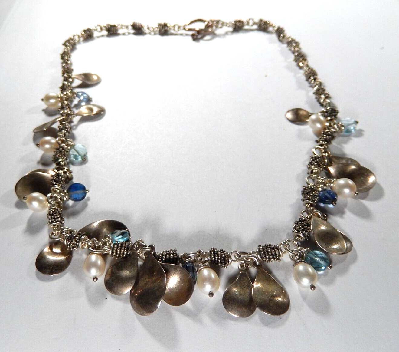 Michael Dawkins 925 Sterling Silver Blue Topaz and Pearl Toggle Necklace 18"