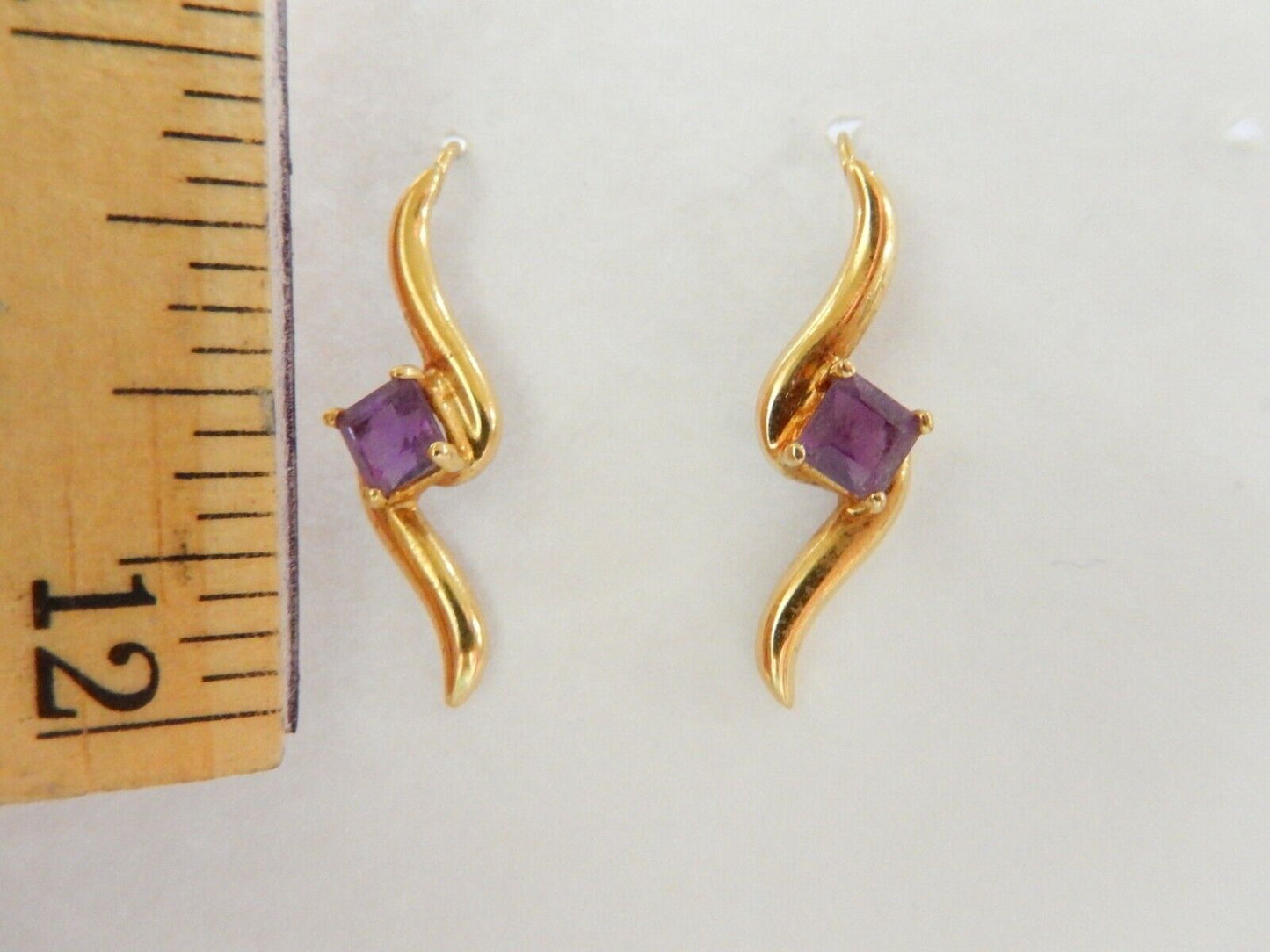 14K Solid Yellow Gold Princess Cut 4X4mm Purple Amethyst Drop Earrings