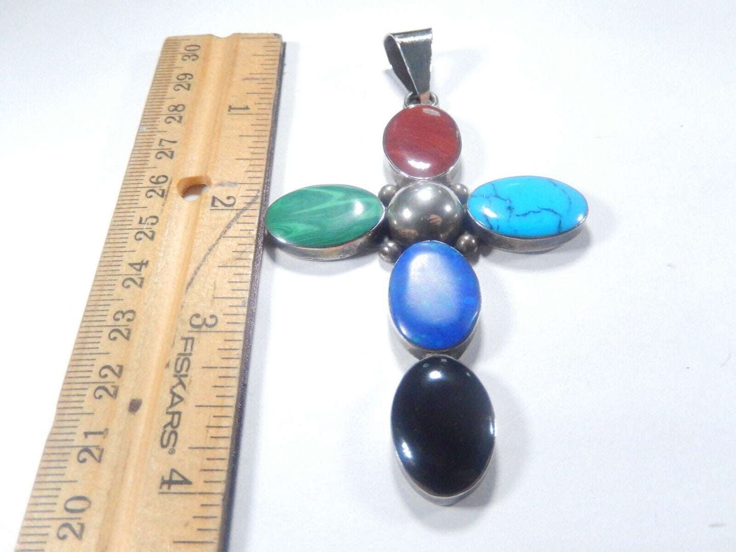 *VINBTAGE*  Large Sterling Taxco Mexico Multi Gemstone Cross Pendant 4" Tall