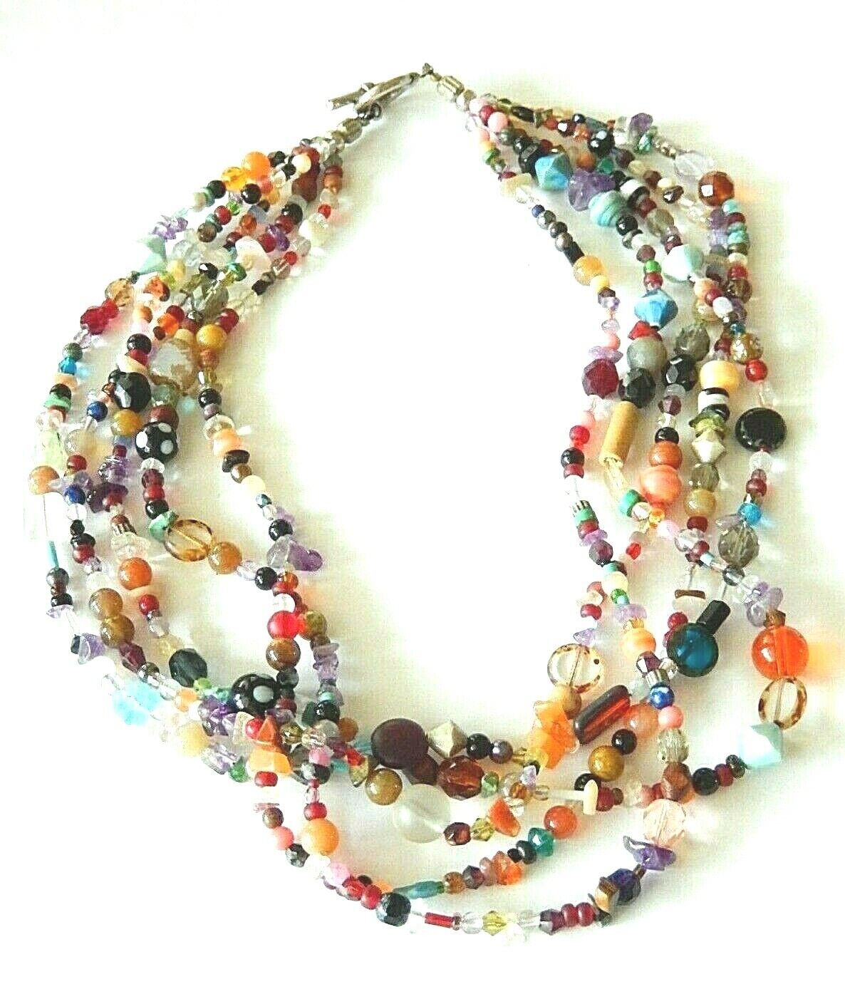 *VINTAGE* Five Strand Multi Semi Precious Gemstone Chip and Beaded Necklace 18"