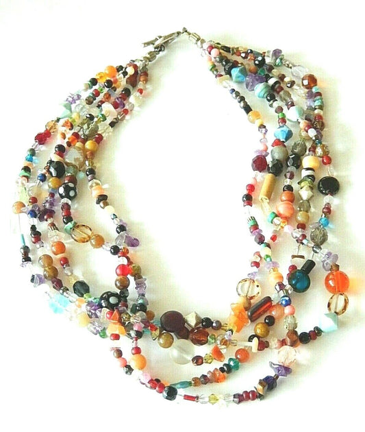 *VINTAGE* Five Strand Multi Semi Precious Gemstone Chip and Beaded Necklace 18"
