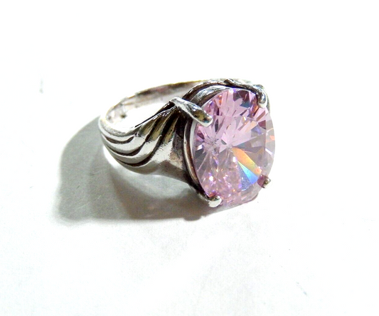 *VINTAGE* 925 STERLING SILVER OVAL CUT 7.0 CT PINK CZ SOLITAIRE RING SIZE 6.75