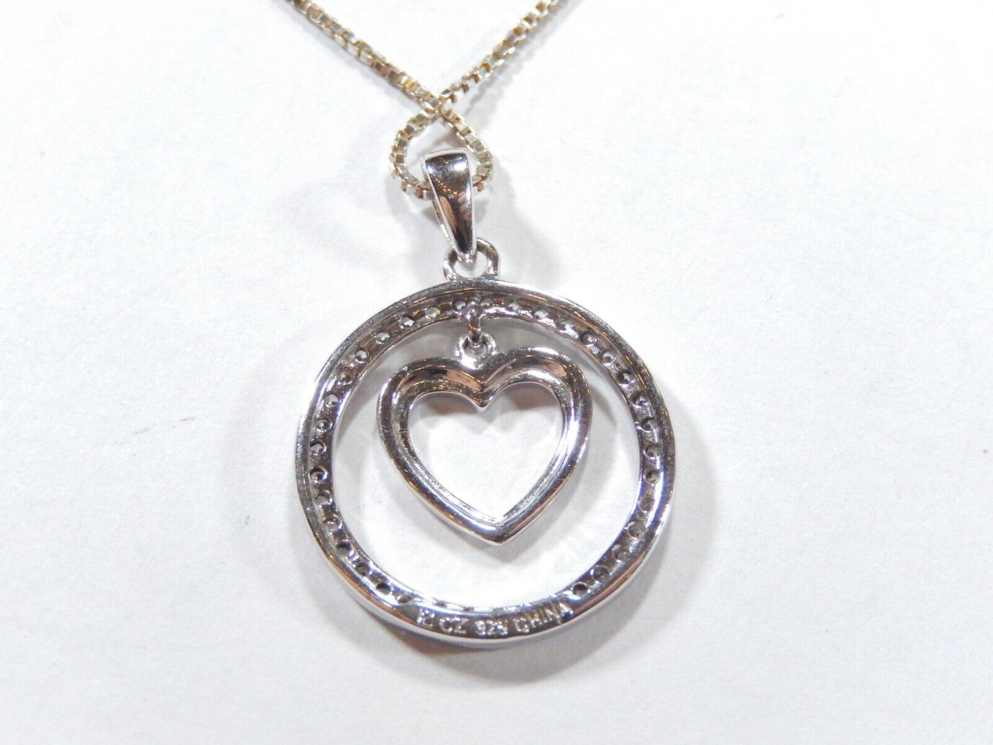 ~VINTAGE~ Sterling Silver CZ Circle of Love Pendant With Heart Dangle - 16"chain