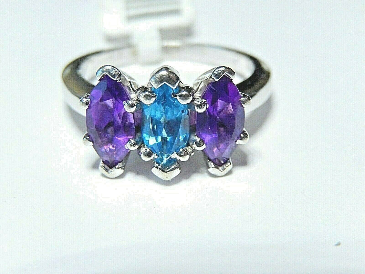 *VINTAGE*  14K White Gold Genuine 1.25CT Amethyst & Blue Topaz Ring Size 6.75