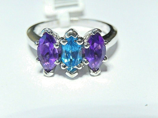 *VINTAGE*  14K White Gold Genuine 1.25CT Amethyst & Blue Topaz Ring Size 6.75