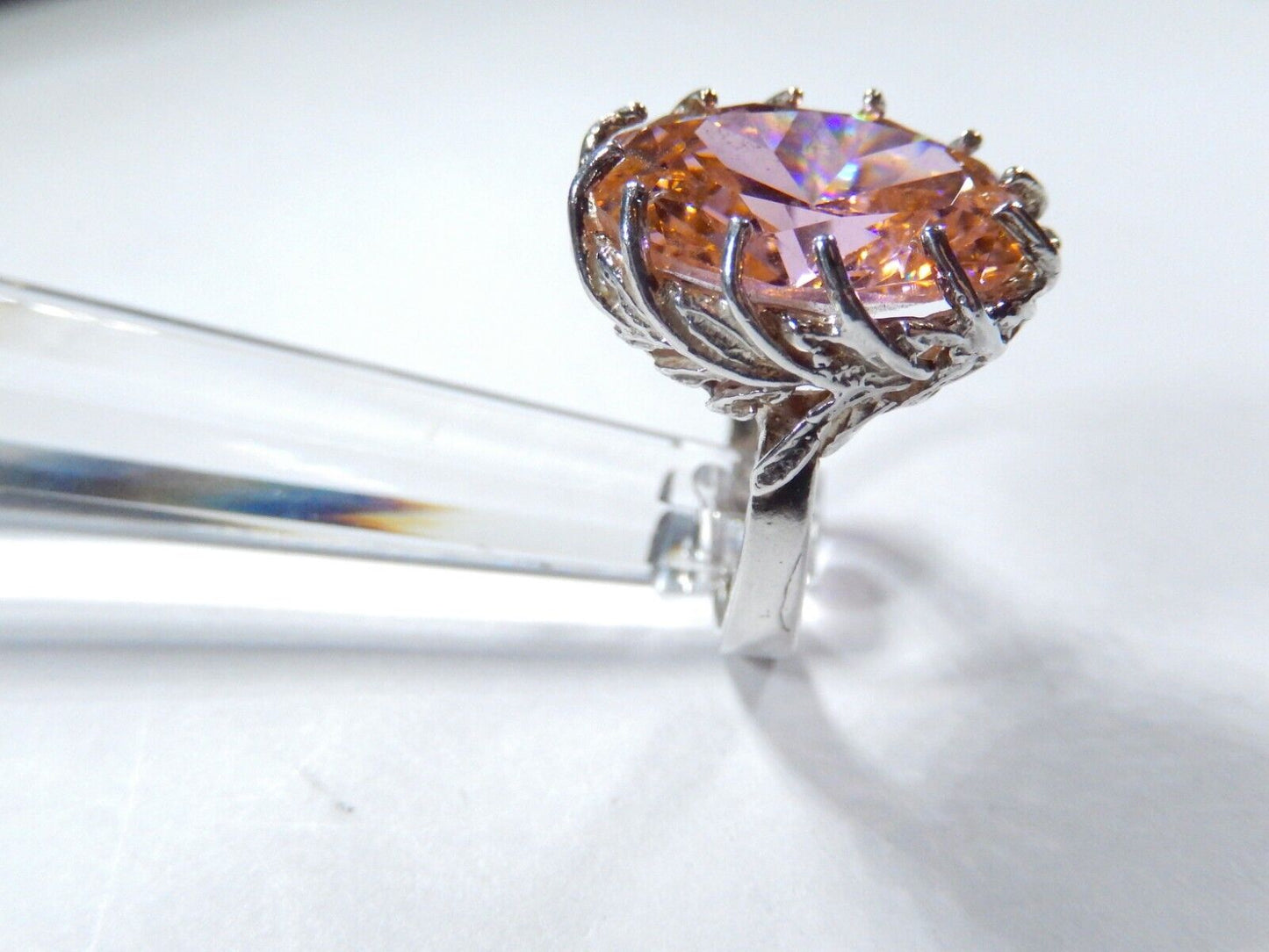 HUGE-  .925 Sterling Silver 13.0 CT Statement Ring Pink CZ Cocktail Ring sz 7.75