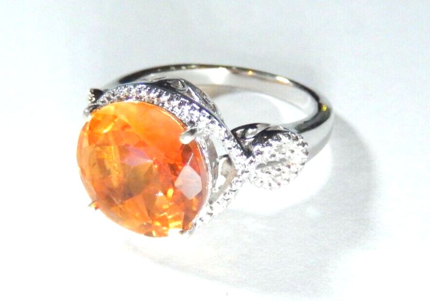 Sterling Silver 9.50 CT Round Citrine & Diamond  Ring Size 10.5