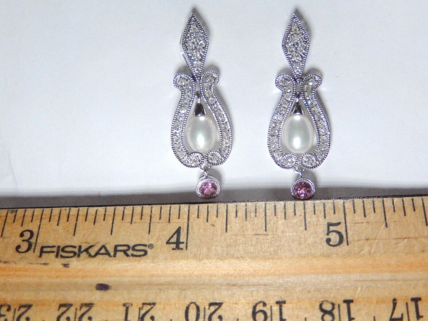 Beautiful 14K White Gold Pearl & Amethyst & .50 CT  Diamond Drop/Dangle Earrings