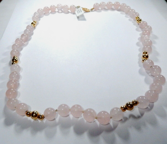 *VINTAGE*14K Yellow Gold Beads & 14K Clasp w/10mm Rose Quartz Beads 24" Necklace