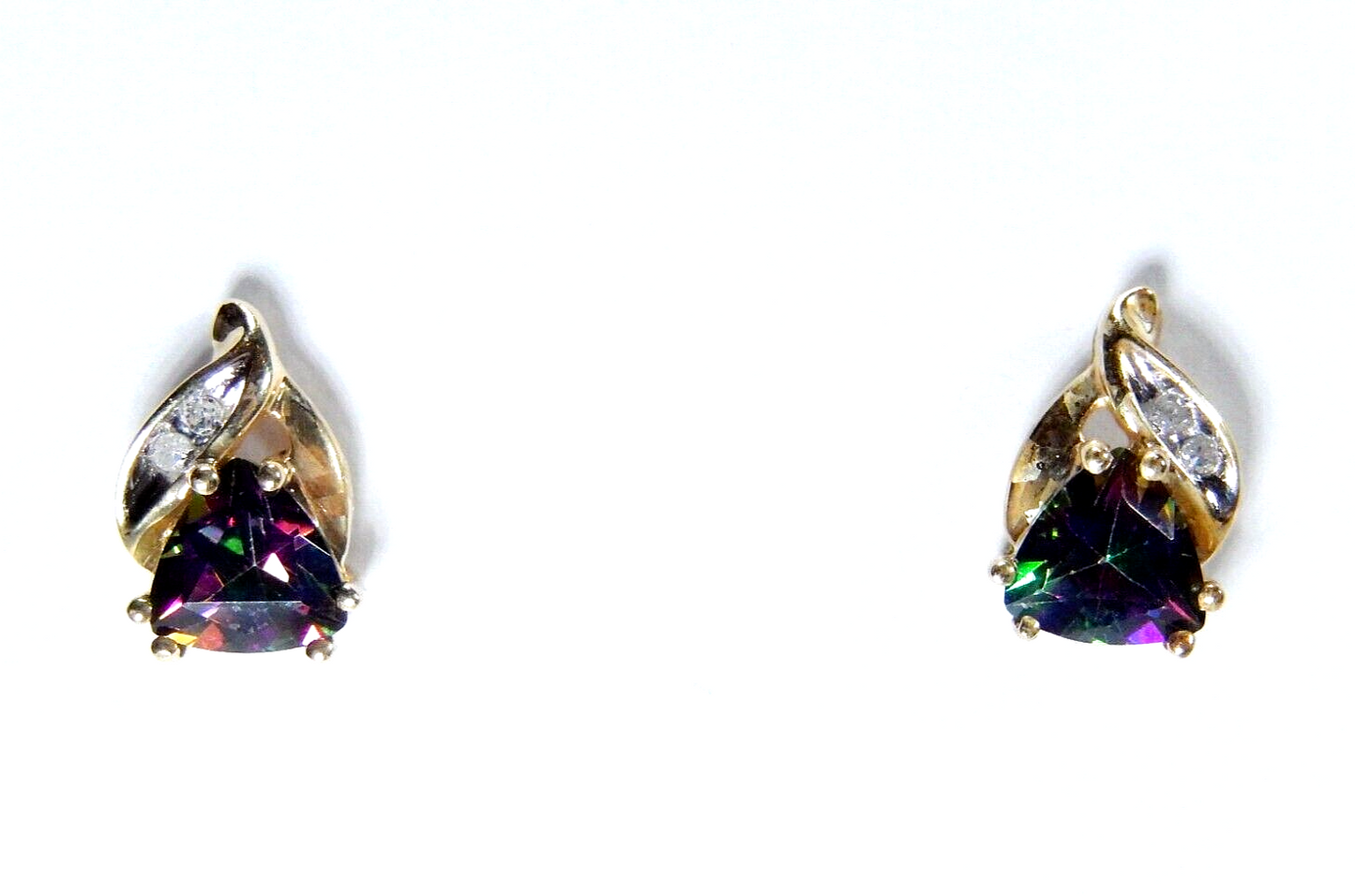 *VINTAGE*  10k Yellow Gold Trillion  Mystic Topaz and Diamond Stud Earrings