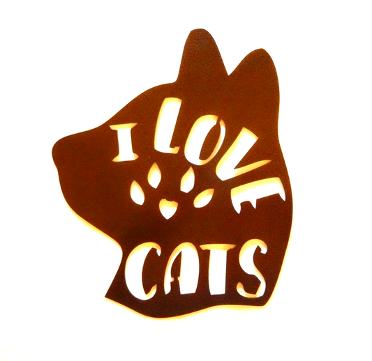 "I LOVE PAW CATS" 14 gauge thick Powder Coated Copper Tone Metal Wall Art 12"x10