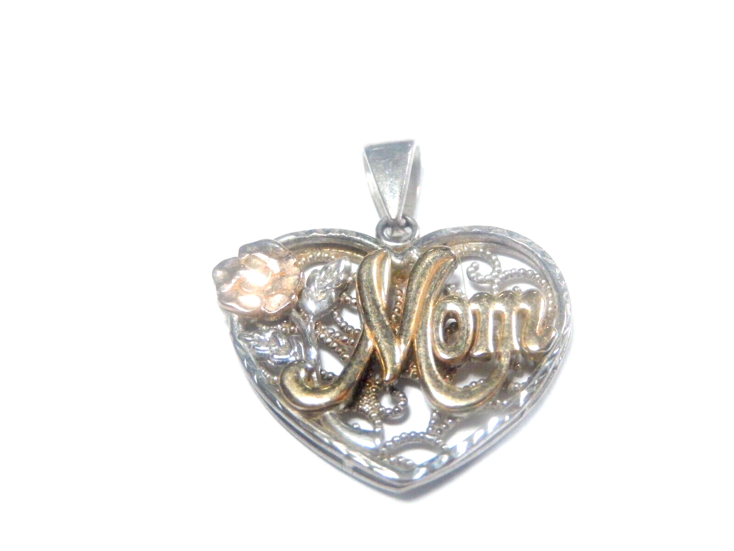 *VINTAGE*   10K Yellow Gold Mom & Rose with Sterling Silver  Heart Pendant