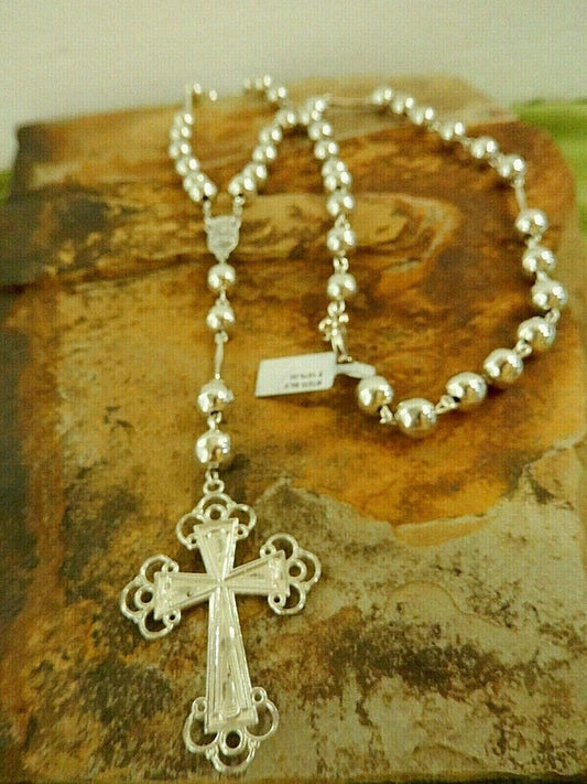 LARGE 30" VINTAGE Italian 10mm Sterling Silver Bead Rosary Prayer Necklace Rare