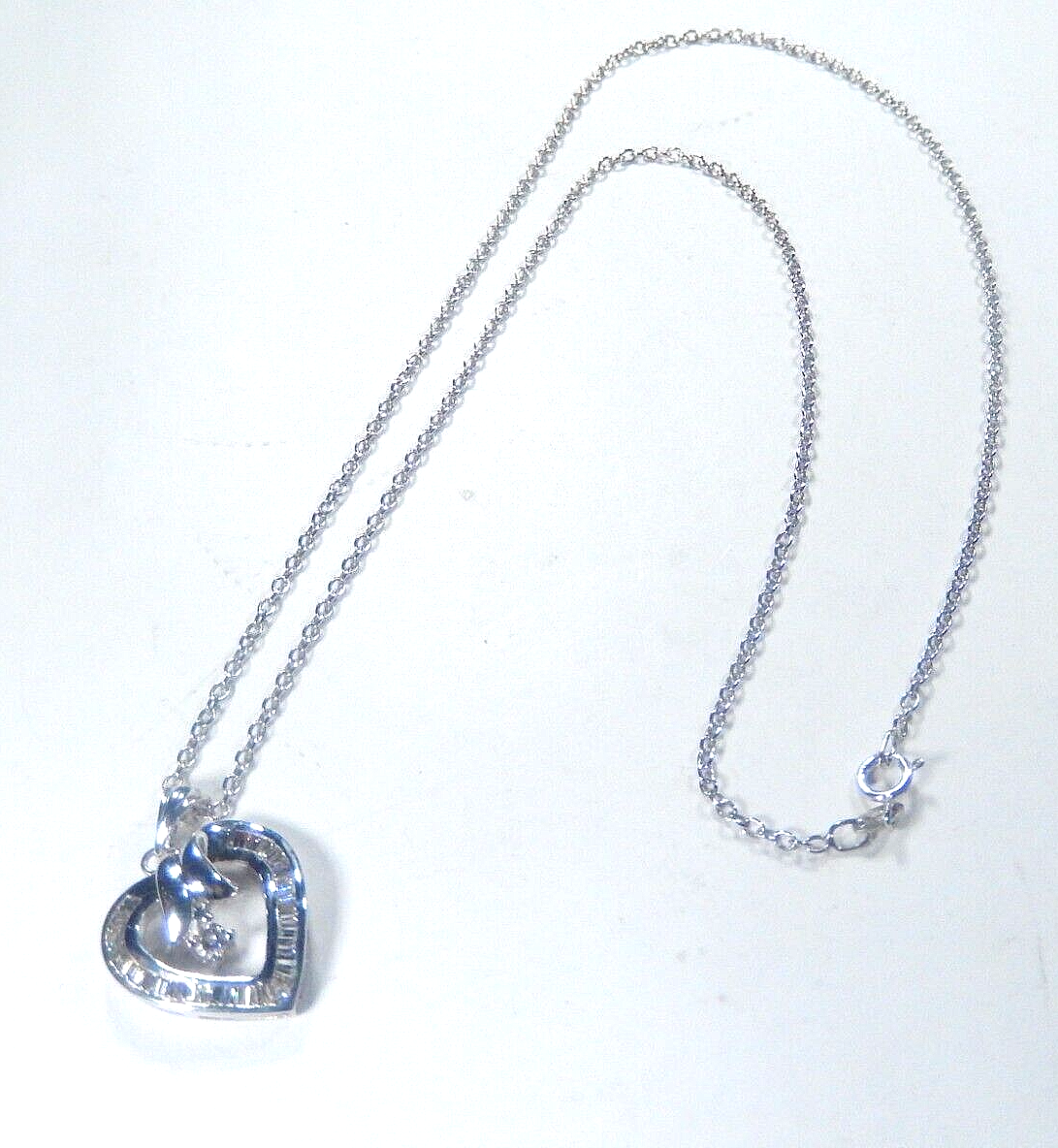 10K White Gold .75CT Baguette & Dangle Natural Diamond Heart Pendant w/18" chain