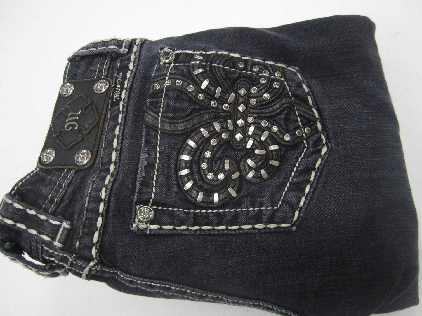 MINT MISS ME SKINNY JE604854L JEANS DARK WASH BLING FLEUR DE LIS SEXY SZ 27x33.