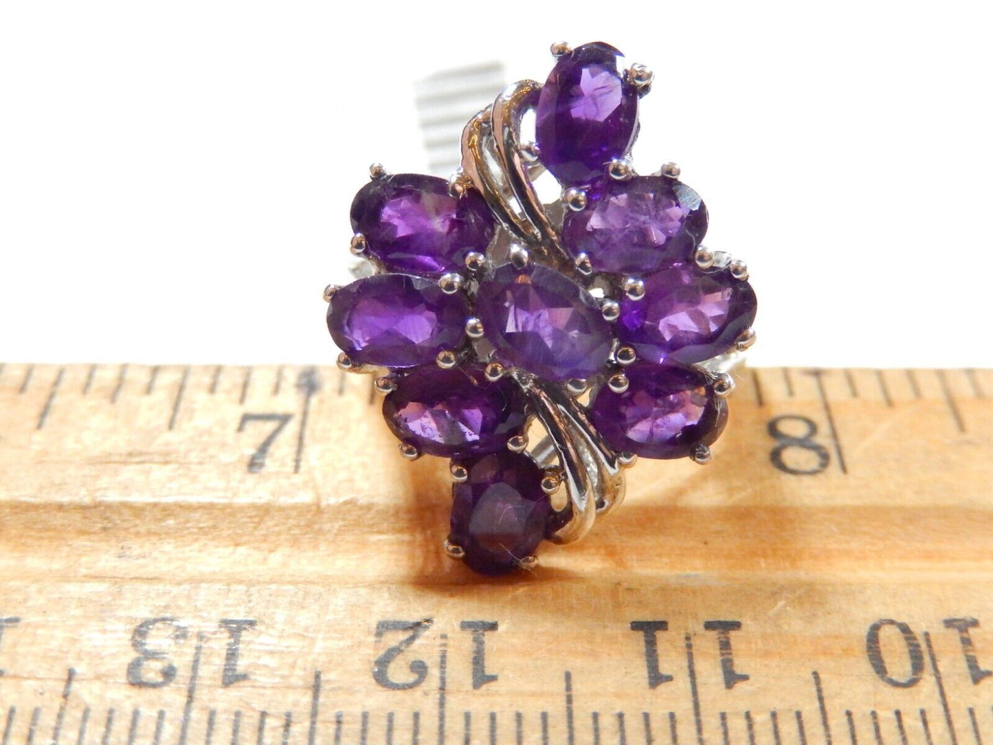 *VINTAGE*  4.00 CT  Nine Oval Amethyst Sterling Silver Cluster Ring - Size 7.25