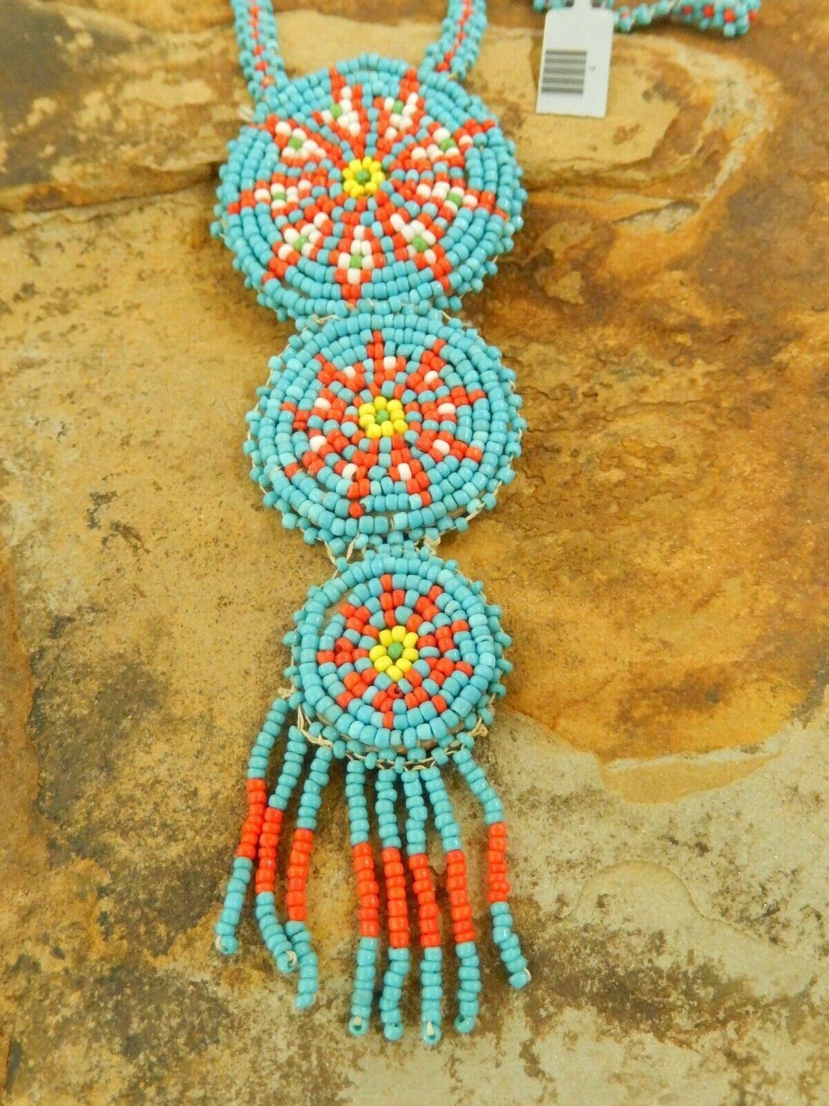 Gorgeous Vintage Native Amer Hand Beaded Medallion Necklace 22" Length