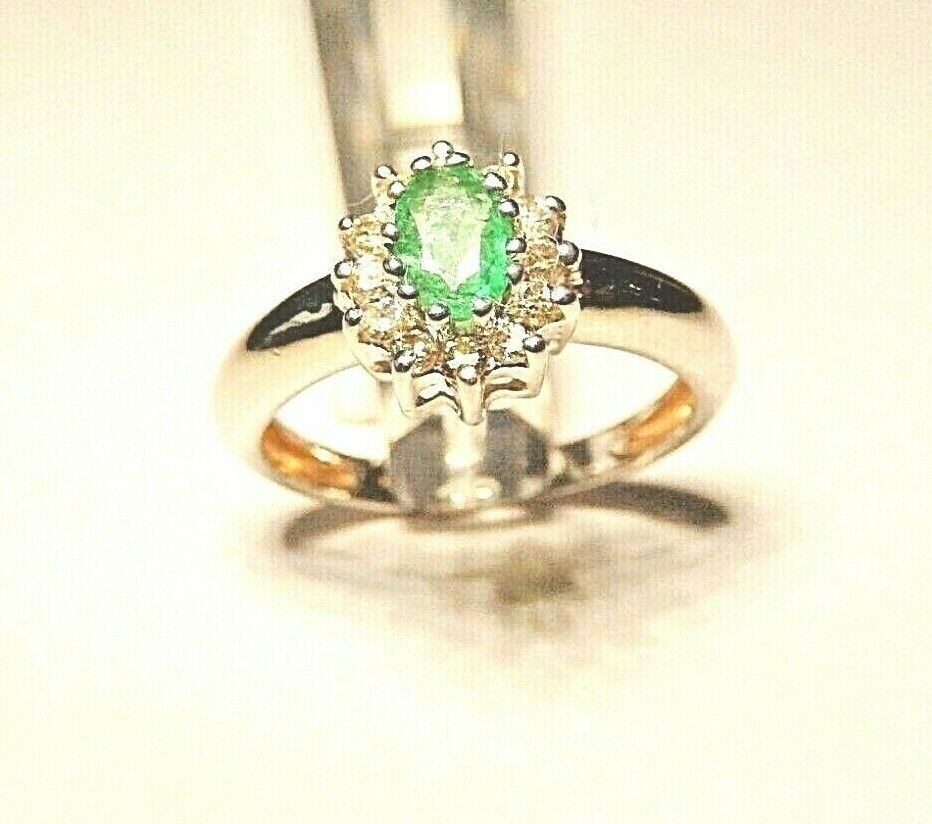 *VINTAGE*  14k White Gold .85CT Natural Emerald & Diamond Halo Ring Size 7.75