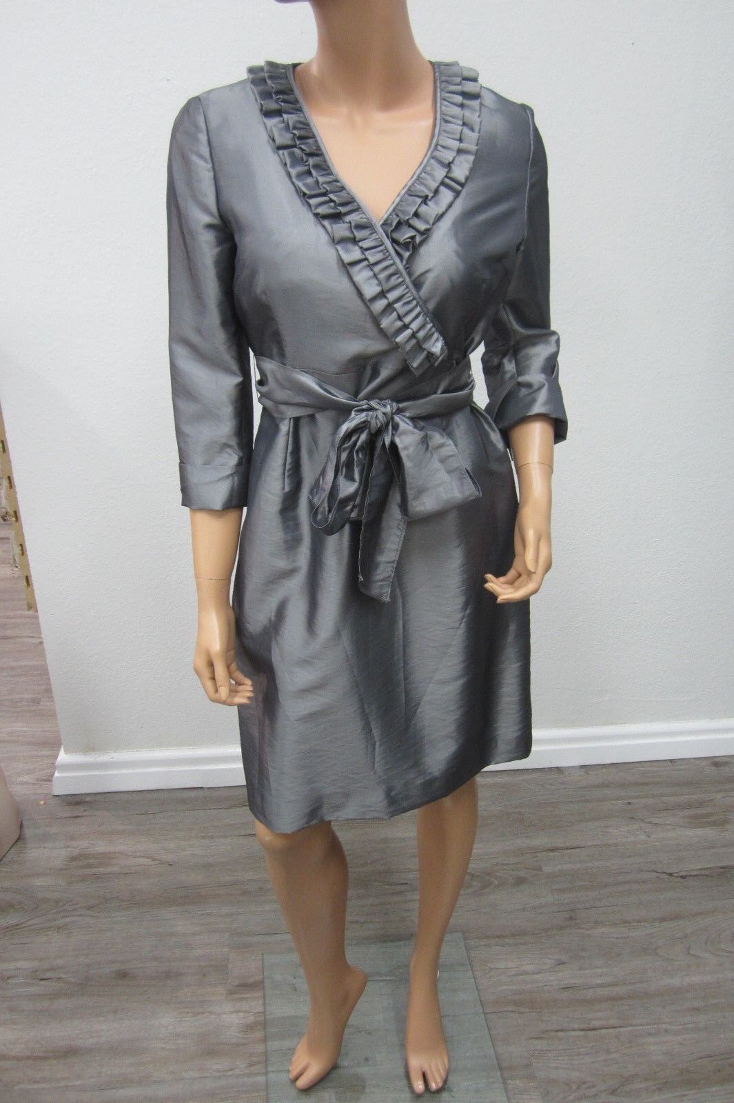 NWT Alex Marie Wanda Slate Gray Satin Shantung Ruffled Social Dress Size 6P
