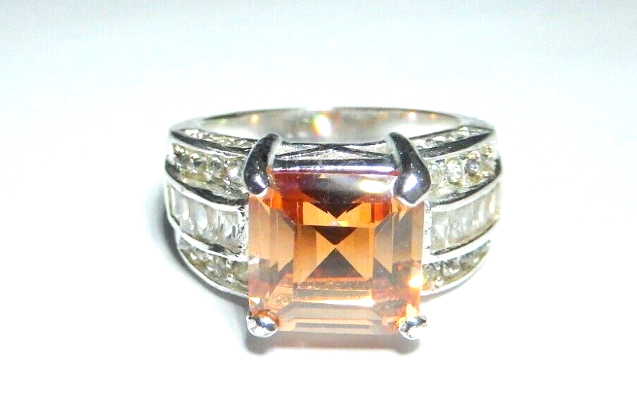 *VINTAGE*  Sterling Silver 5.0 CT Citrine  and CZ Ring  Size 8