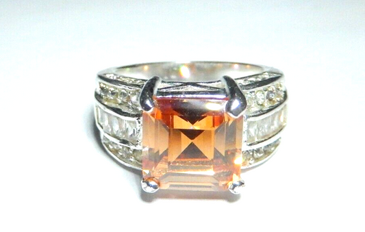 *VINTAGE*  Sterling Silver 5.0 CT Citrine  and CZ Ring  Size 8