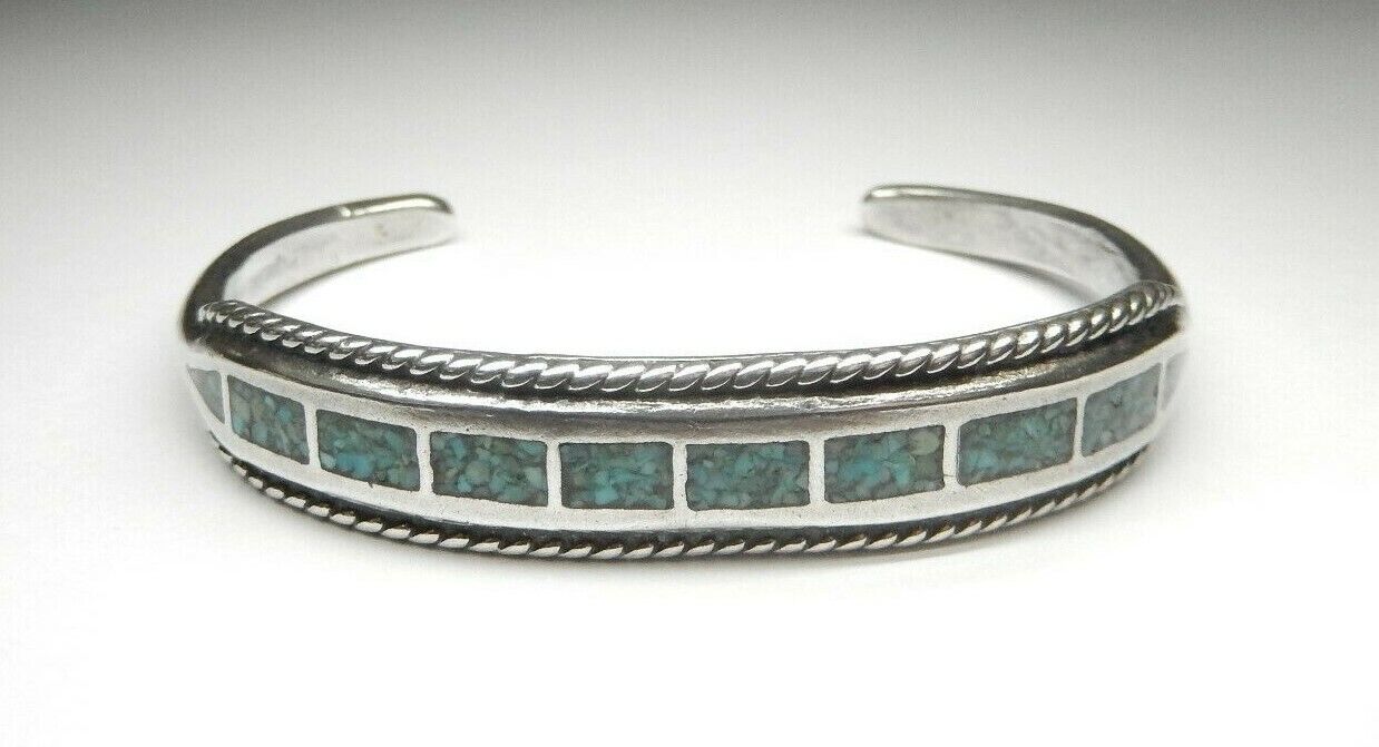 Vintage Southwest American Sterling Silver Turquoise Inlay Cuff Hallmarked