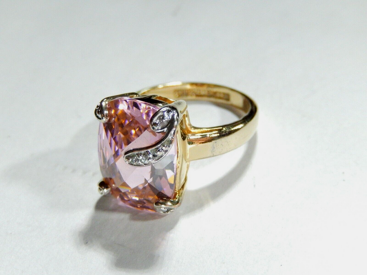 *VINTAGE*  Sterling Gold Vermeil CZ Pink 16.0CT Rectangle Cocktail Ring Size 8