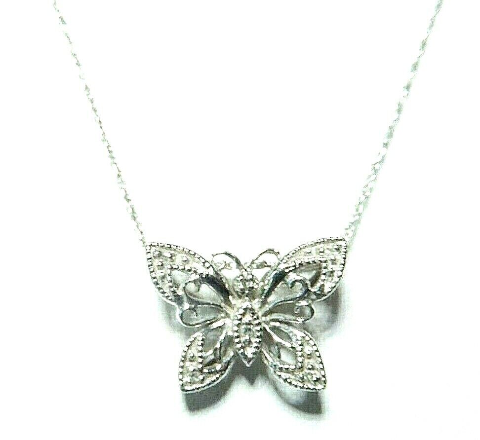 10K White Gold Filigree Butterfly Diamond Midsize Pendant Necklace 20" 10K Chain