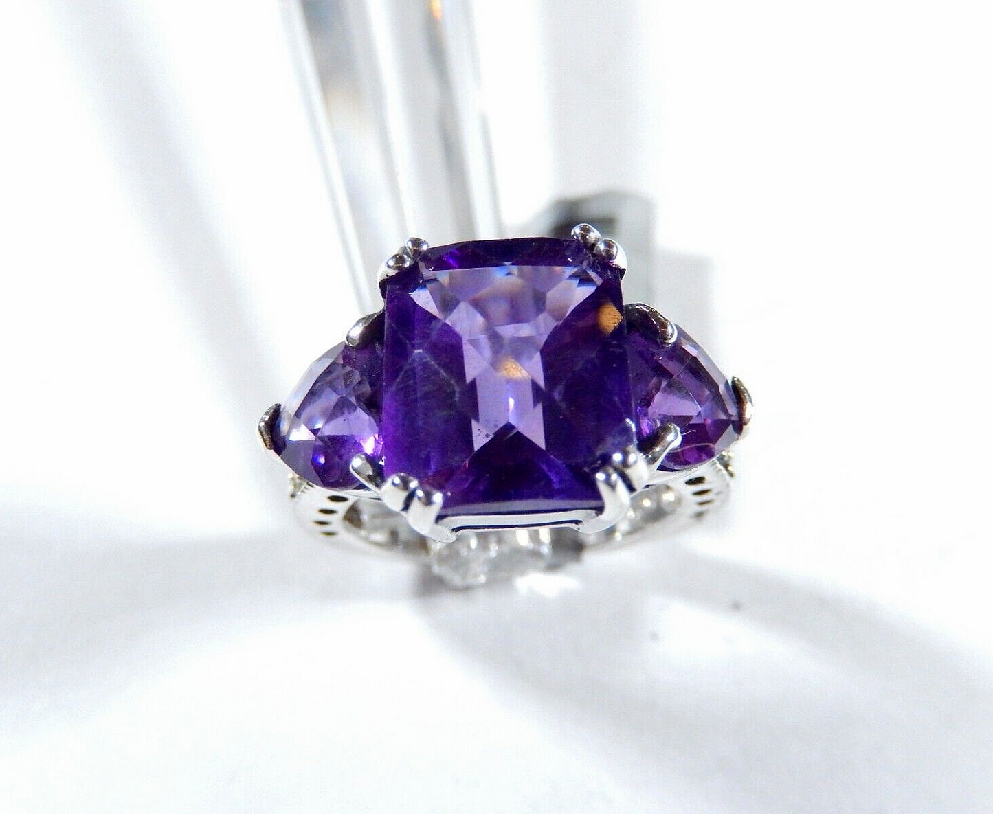 *VINTAGE*  Sterling Silver 8.00 CT Checkerboard Amethyst Three Stone Ring Size 7