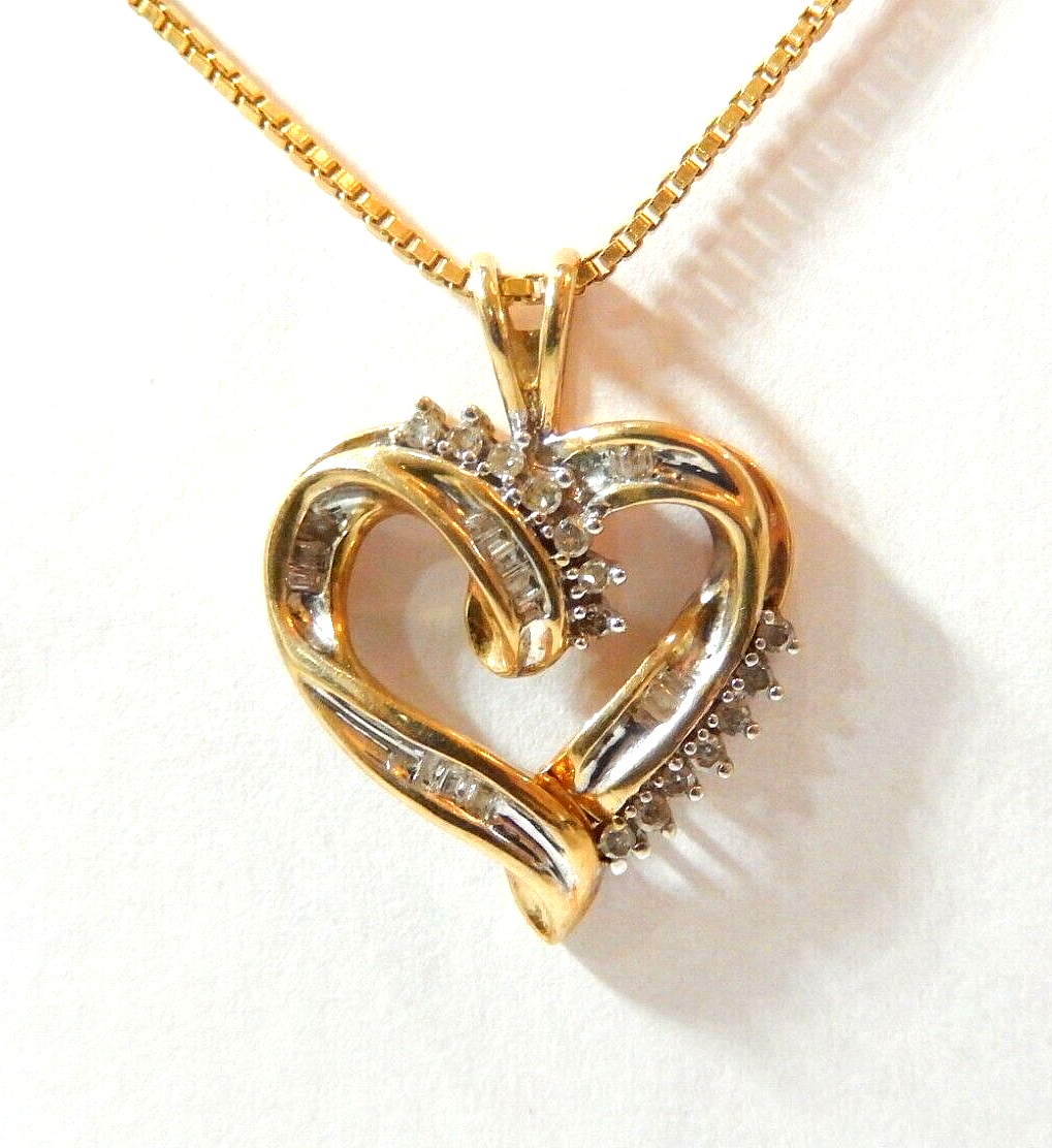 10k Yellow Gold  Round & Baguette Diamond Heart Pendant Necklace w/18" Chain