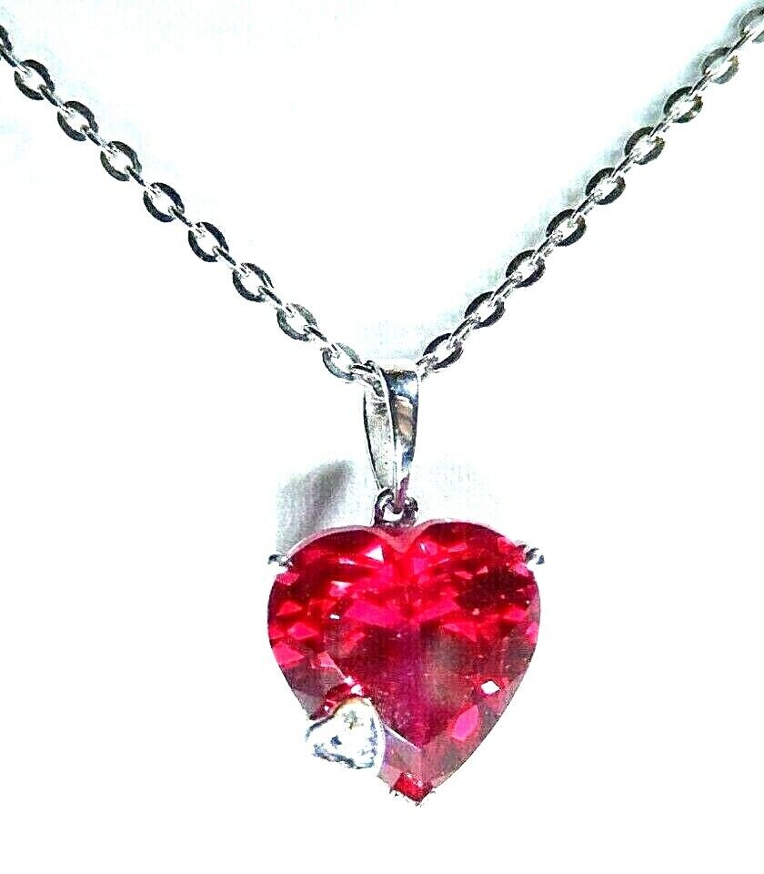 *NWT* 10K White Gold 4.00CT Heart Ruby & Natural Diamond  Pendant w/18" Chain