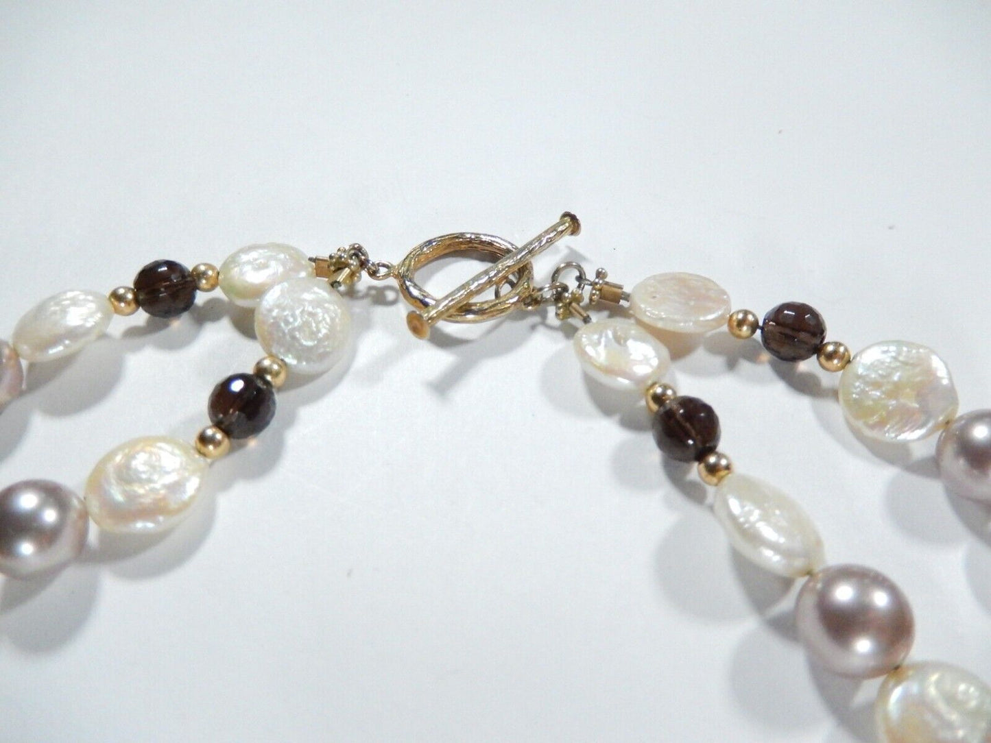 *VINTAGE*  9.50mm Flat Coin Pearl & Smoky Quartz Beads & Gold Beads Necklace 16"