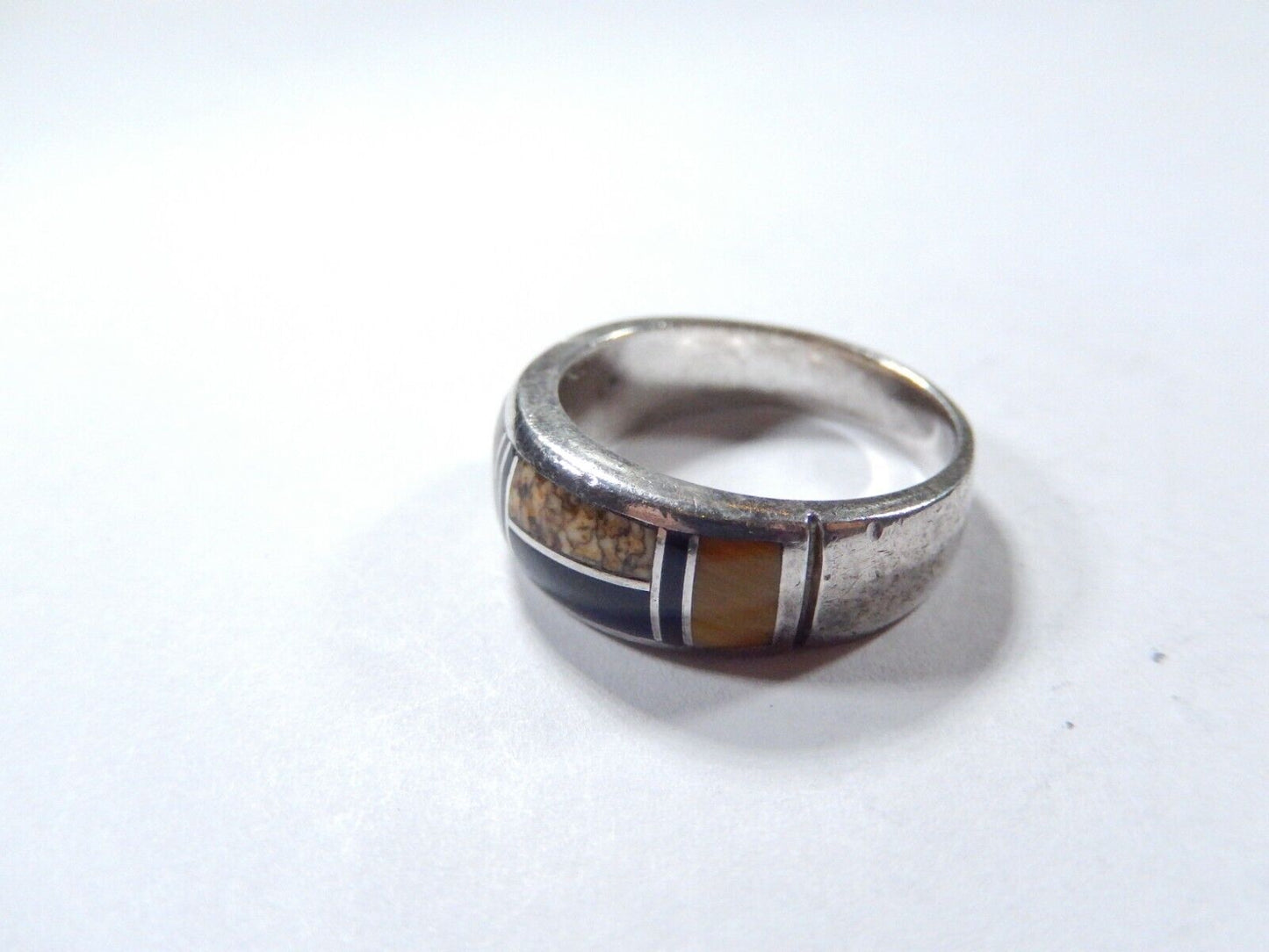 *VINTAGE*  Signed Navajo Inlay Multi Stone Sterling Silver Band Ring Size 6.75