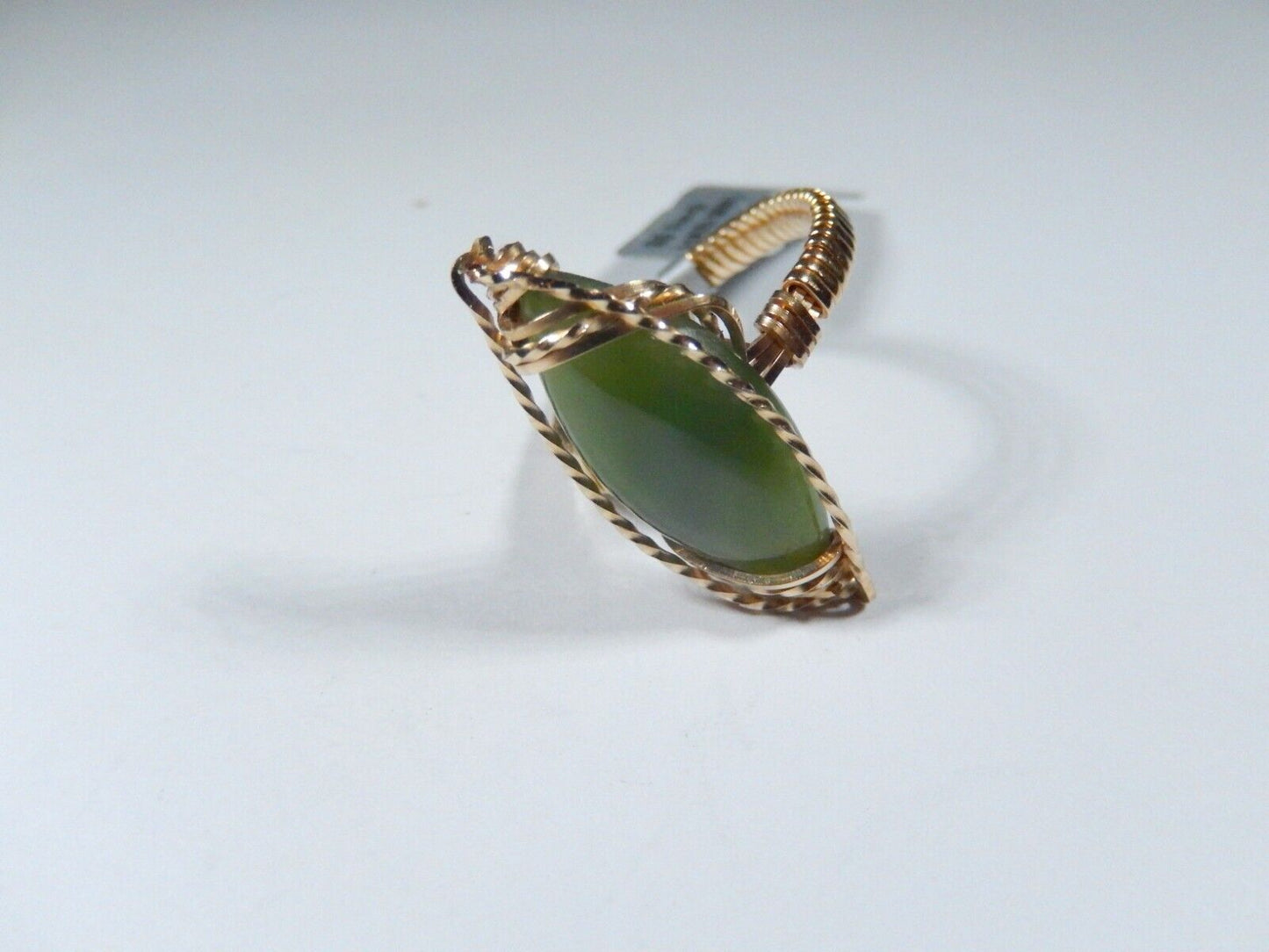 Vintage 18K Yellow Gold Vermeil .925 Green Jade Cabochon Marquise Cocktail Ring
