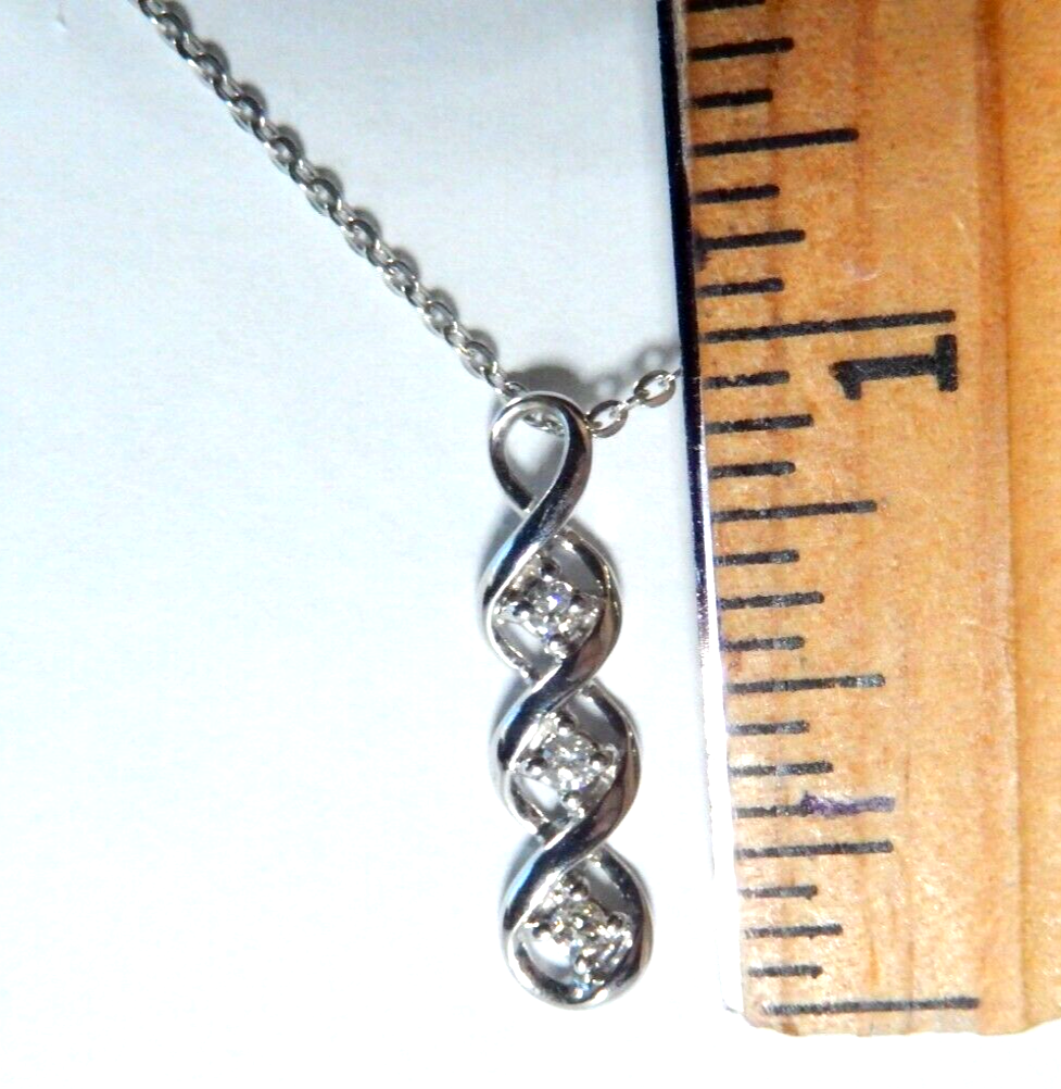 10K White Gold  Three Stone Diamond Necklace Past Present Future Pendant 18" Cha
