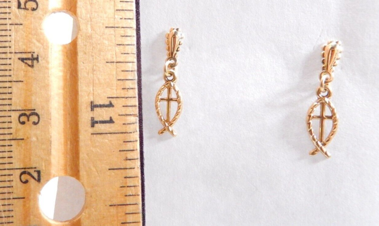 14K Yellow Gold  Ichthus Cross Fish Dangle Earrings