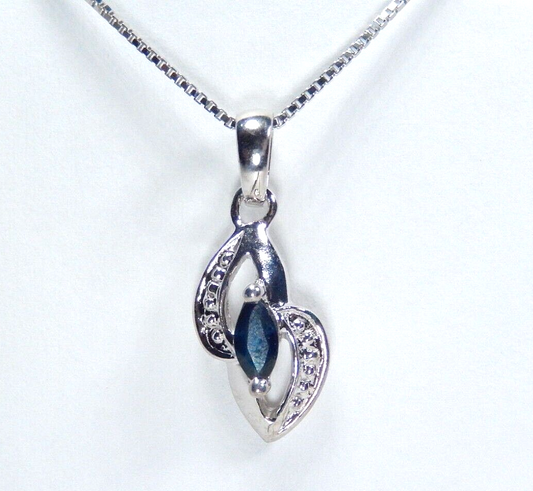 *VINTAGE*  10k White Gold Marquise Shape Natural Sapphire Pendant w/18"chain