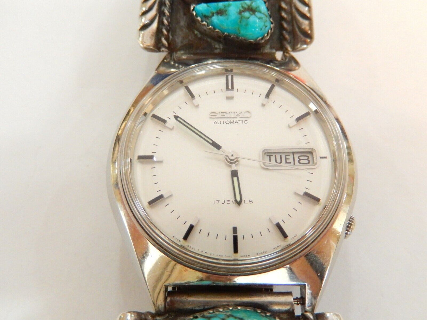 SEIKO  Auto - Native American Sterling Silver & Turquoise Watch Tips Signed JH