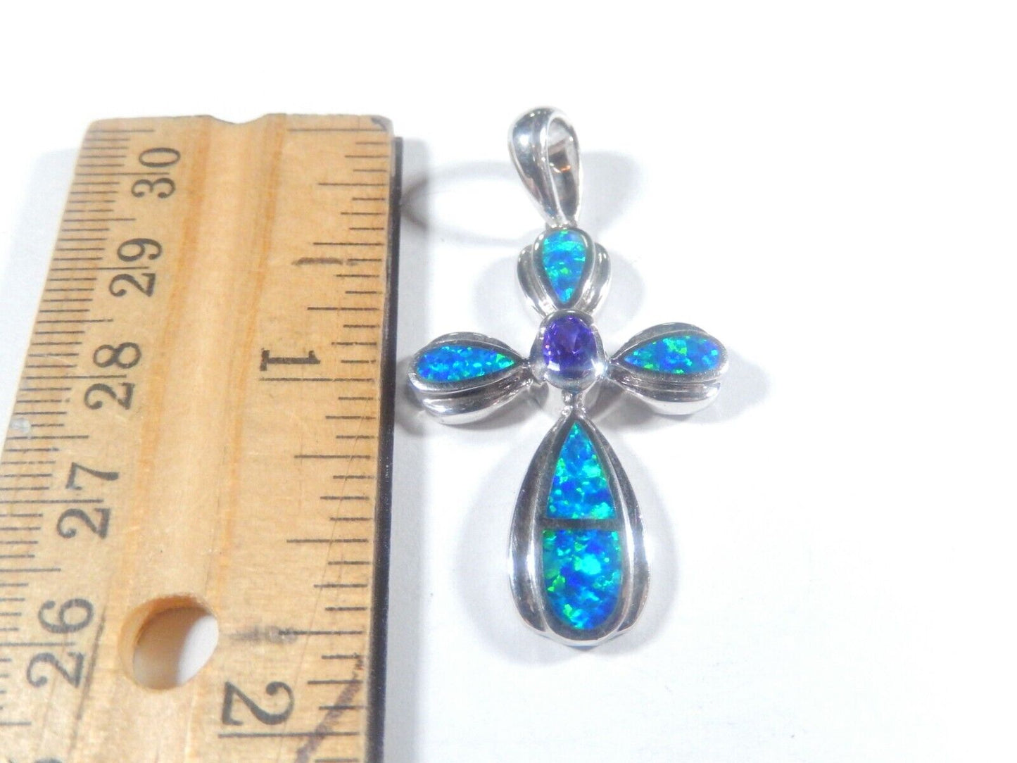 *VINTAGE*   Sterling Silver 925 Amethyst & Blue Fire Opal Cross Pendant