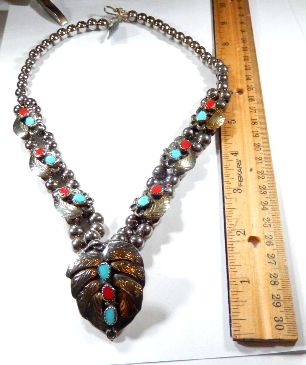 Native American Sterling Silver Turquoise Coral Leaf Beaded 2 Row Necklace 128gm