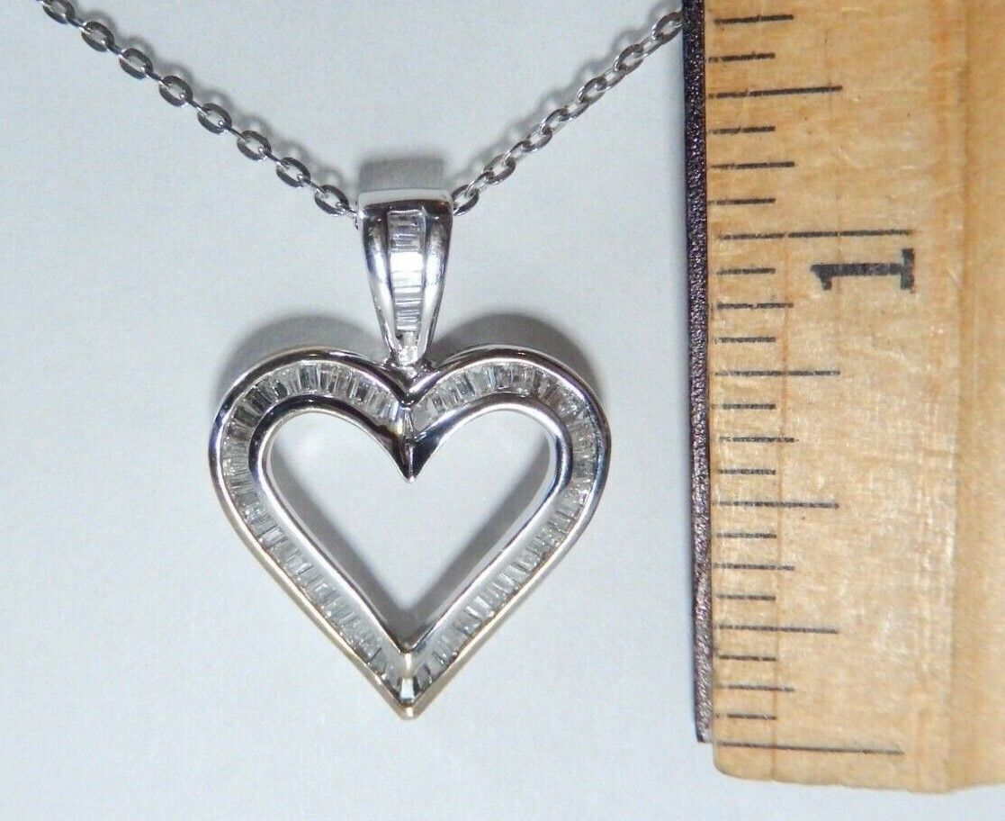 *NWT*  10k White Gold .66CT VS Baguette Diamond Open Heart Pendant w/18" Chain