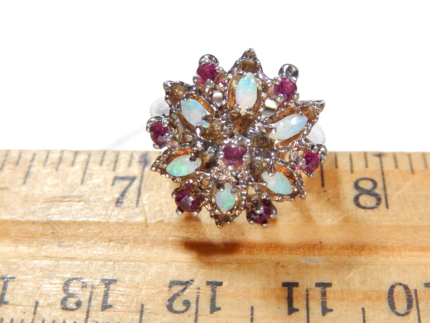 *VINTAGE*  Sterling Silver 925 RUBIES & OPALS Ladies Cocktail RING Size 5.5