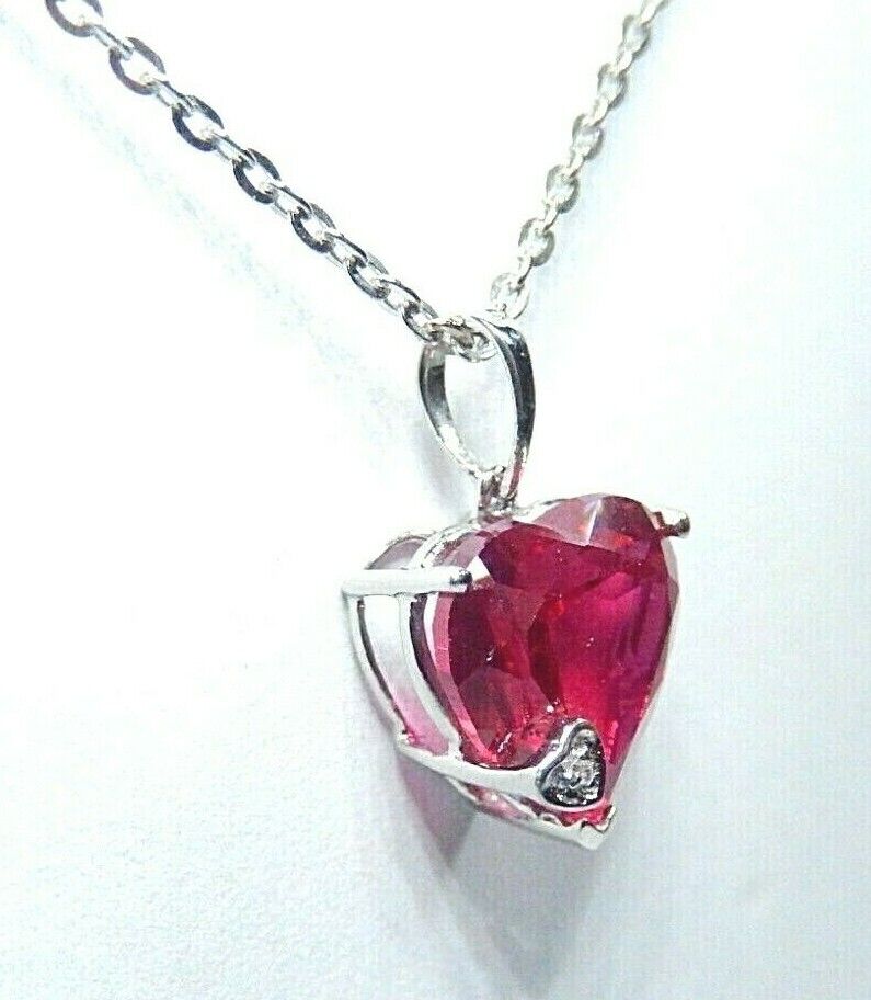 *NWT* 10K White Gold 4.00CT Heart Ruby & Natural Diamond  Pendant w/18" Chain