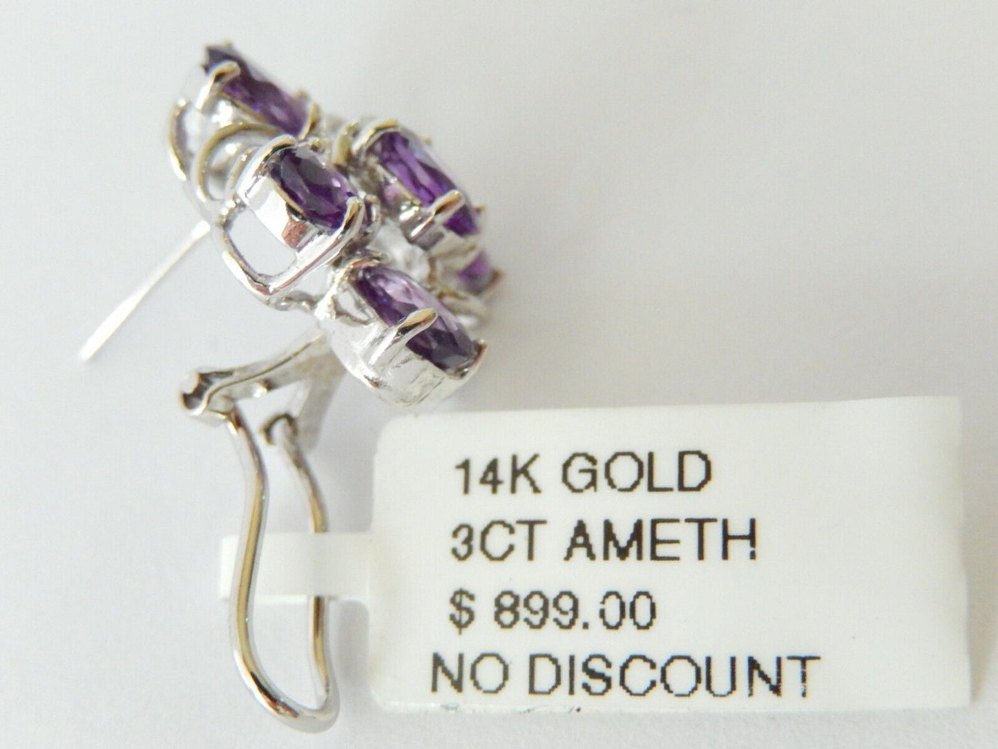 *VINTAGE* Large 14K White Gold 3CT Amethyst Oval Cut French Clip Stud Earrings