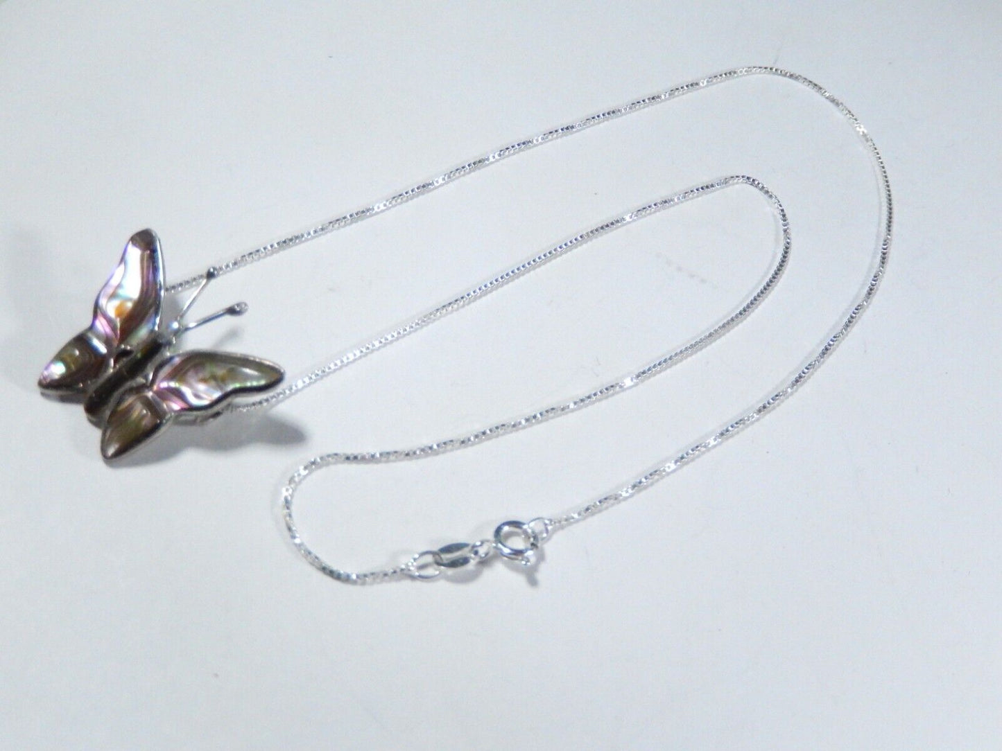 *VINTAGE*  Sterling Silver MEXICO Butterfly Abalone Shell Pendant w/ 18" SSchain