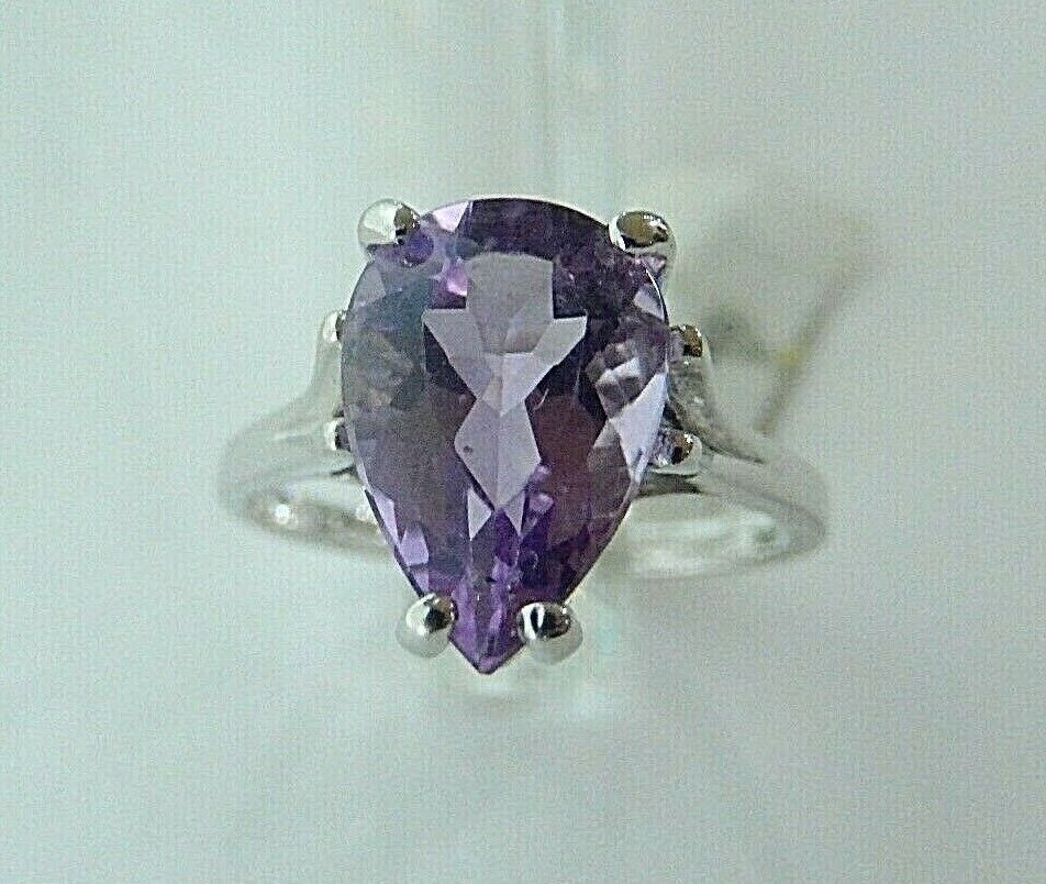 14K White Gold 3ct Pear Shape Purple Amethyst Ring Size 7.5