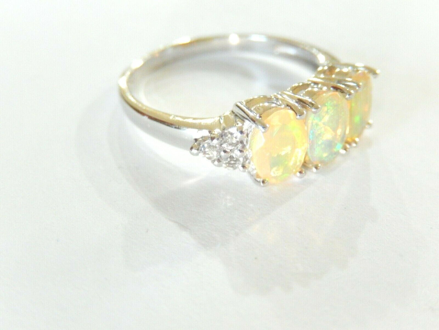 Oval Three Stone Lab Created White Opal Ring .925 Sterling Silver Ring Sz 10.25