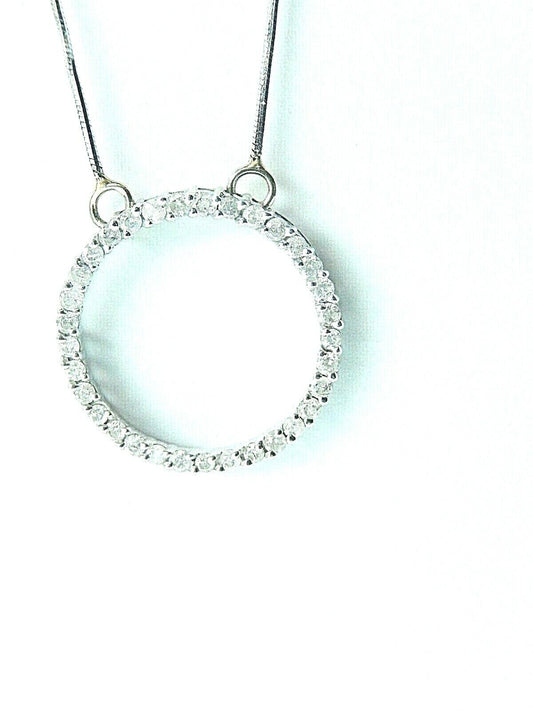 10K White Gold 18" Length Eternity 3/4" Circle Natural Diamond Pendant Necklace